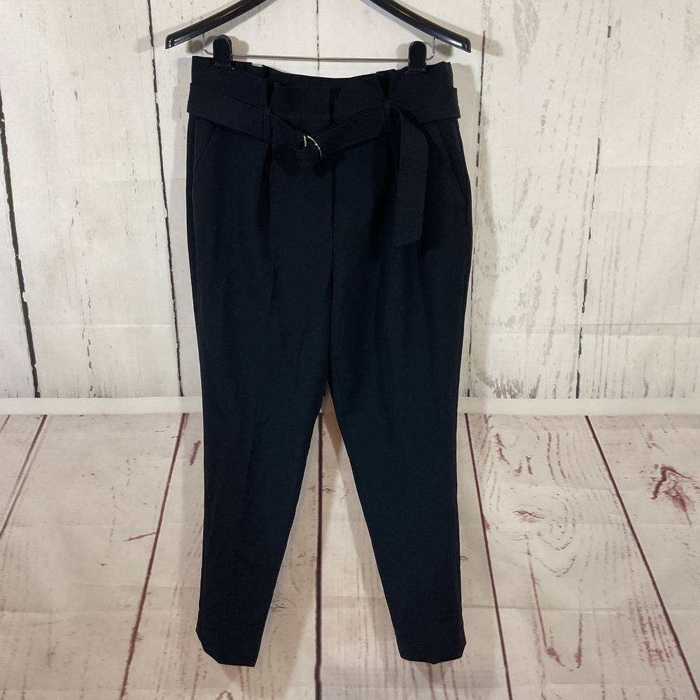 White House Black Market Tapered Ankle Black Belted Dress Pants 6 Paperbag Waist